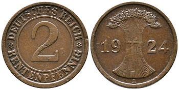 ГЕРМАНИЯ 2 РЕНТЕНПФЕННИГА 1924 A KM 31, J. 307 бронза 24-447