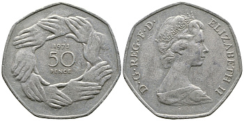 Великобритания 50 пенсов 1973 Елизавета II (1952-2022), вступление в Европейское экономическое сообщество KM 918, Spink 4224 медно-никель 4364-4215