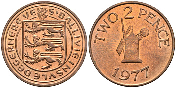 Гернси 2 пенса 1977 ветряная мельница KM 28 бронза UNC 4583-145