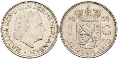 Нидерланды 1 гульден 1968 Юлиана (1948-1980) KM 184а никель 53-712