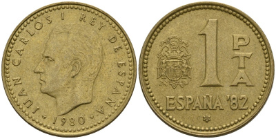 Испания 1 песета 1980 (82) чемпионат мира по футболу 1982 года в Испании, Хуан Карлос I (1975 - 2014) KM 816 алюминиевая бронза 4604-311