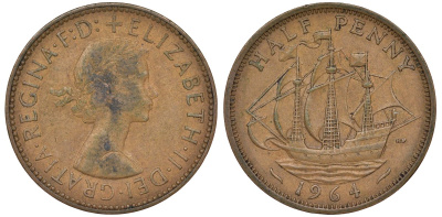 Великобритания 1/2 пенни 1964 Елизавета II (1952-2022) KM 896, Spink 4158 бронза 4681-624
