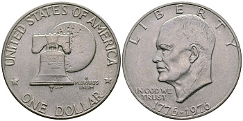 США 1 доллар 1976 200 лет независимости, Президент Эйзенхауэр, колокол, тип II KM 206 медь плакированная медно-никелем 74-433