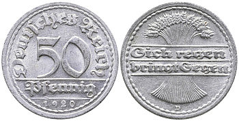 ГЕРМАНИЯ 50 ПФЕННИГОВ 1920 D KM 27, J. 301 алюминий 24-943