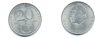 ГДР 20 марок 1973 А, Отто Гротеволь (1894-1964) KM 47 медно-никель 3333-441