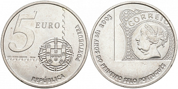 Португалия 5 евро 2003 150 летие первой Португальской марке KM 749 серебро UNC 69-315