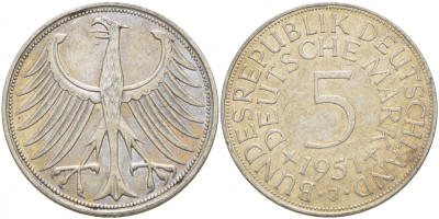 ФРГ 5 марок 1951 J (Гамбург), J. 387, KM 112.1 серебро 3996-243