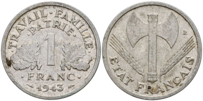 Франция 1 франк 1943 Правительство Виши KM 902.1, LE FRANC 223.3 алюминий 4150-835
