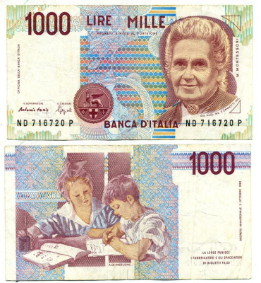 Италия 1000 лир 1990 Мария Монтессори Pick 114b 6279-10-3-1