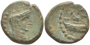 Иудея AE 1 век Аскалон, голова богини Тихе / галера RPC 2204 медь 1073-21-111