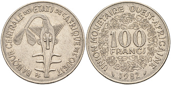 Валютное сообщество стран Западной Африки 100 франков 1982  KM 4 никель    4595-812
