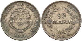 Коста-Рика 50 сентимо 1948 KM 176 медно-никель 4116-1017