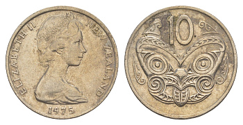 Новая Зеландия 10 центов 1975 Елизавета II (1952-2022), маска маори KM 41 медно-никель 4652-636