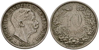 Люксембург 10 сантимов 1901 Адольф (1890-1905) KM 25 медно-никель 4602-425