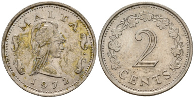 Мальта 2 цента 1972 Пентесилея, царица амазонок KM 9 медь цинк 4154-649