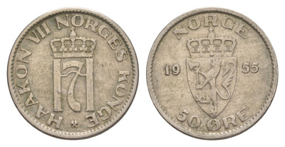 Норвегия 50 эре 1955 Хокон VII (1905-1957) KM 402 медно-никель 4635-417