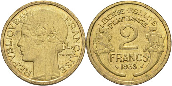 ФРАНЦИЯ 2 ФРАНКА 1938 ТИП MORLON KM 886, LE FRANC 268.11 алюминиевая бронза 69-1241