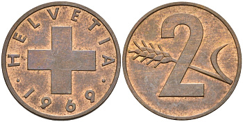 Швейцария 2 раппена 1969 KM 47 бронза 4523-247