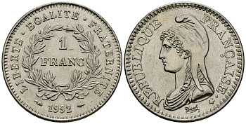 Франция 1 франк 1992 200 лет Французской республике KM 1004.1, Le Franc 229.2 никель 4171-1151