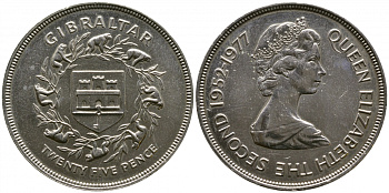 Гибралтар 25 пенсов 1977 25 лет правления Елизаветы II (1952-1977) KM 10 медно-никель UNC 4044-1025