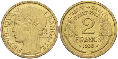 Франция 2 франка 1938 тип Морлон KM 886, Le Franc 268.11 алюминиевая бронза 3460-541