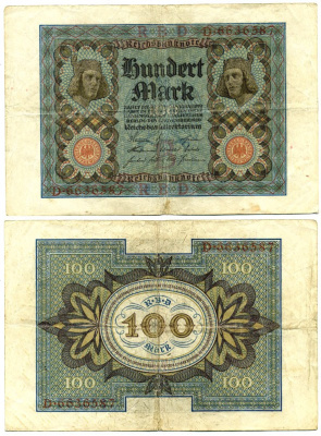 Германия 100 марок 1920 Бамбергский всадник, 7 цифр в номере Pick 69 a, Розенберг 67а  бумага 7146-11-3-1