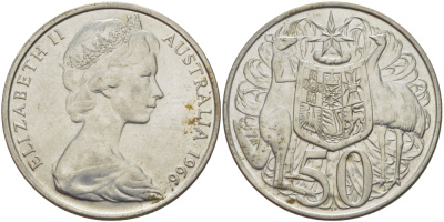 Австралия 50 центов 1966 Елизавета II (1952-2022), герб Австралии, кенгуру KM 67 серебро 82-815