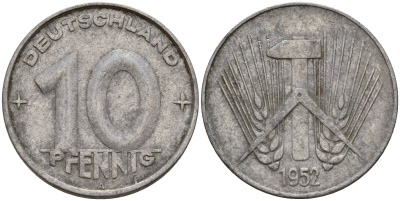 ГДР 10 пфеннигов 1952 A KM 7 алюминий 24-1133