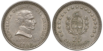 Уругвай 25 сентесимо 1960 KM 40 медно-никель 4169-953