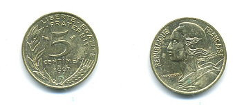 ФРАНЦИЯ 5 САНТИМОВ 1997 ТИП MARIANNE KM 933 медь алюминий никель 84-1561
