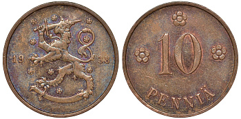 Финляндия 10 пенни 1938 KM 24 медь 51-3016