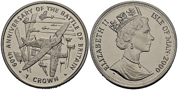 Остров Мэн 1 крона 2000 60 лет битвы за Британию, самолеты медно-никель UNC 00-00