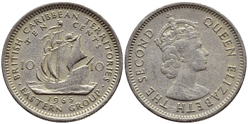 Британские Восточно-Карибские территории 10 центов 1965 Елизавета II (1952-2022), парусник KM 5 медно-никель 4392-268