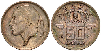 Бельгия 50 сантимов 1974 Belgie, Бодуэн I (1951-1993) KM 149.1 бронза 4528-952