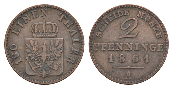 Пруссия 2 пфеннига 1861 A, Вильгельм I (1861-1888) KM 481, Jaeger 51, AKS 107, Olding 425 медь 4651-254