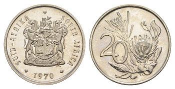 ЮАР 20 центов 1970 тираж 10.000 экземпляров KM 86 медно-никель PROOF 603-1222