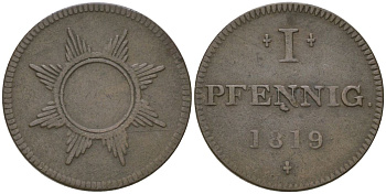 Франкфурт 1 пфенниг (юденпфенниг) 1819 KM Tn7, JuF 1999 медь 4547-339