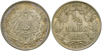 ГЕРМАНИЯ 1/2 МАРКИ 1916 D J. 16, KM 17 серебро UNC 65-244