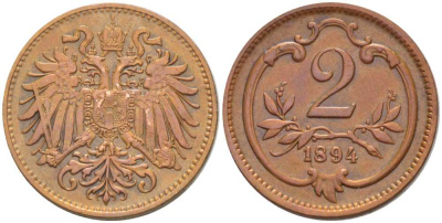 АВСТРИЯ 2 ГЕЛЛЕРА 1894 ФРАНЦ ИОСИФ (1846-1918) KM 2801 бронза 201-323