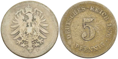 ГЕРМАНИЯ 5 ПФЕННИГОВ 1876 J, СТАРОГЕРБОВКА KM 3, J. 3, Weege 5 медно-никель 206-1057