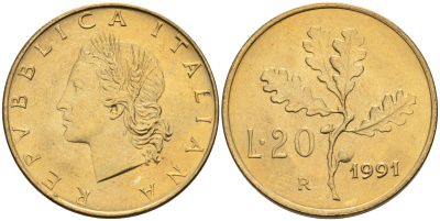 Италия 20 лир 1991 R, дубовый лист KM 97.2 алюминиевая бронза  UNC  4594-768