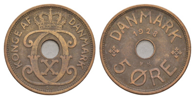 Дания 5 эре 1928 N, Кристиан X (1912-1947) KM 828 бронза 4657-241