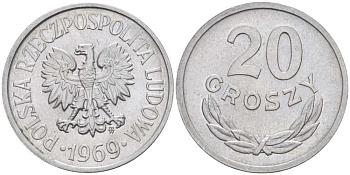 ПОЛЬША 20 ГРОШЕЙ 1969 MW KM А47 алюминий 201-455