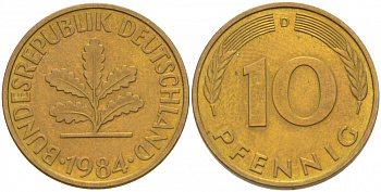 ФРГ 10 ПФЕННИГОВ 1984 D KM 108, J.383 сталь плакированная латунью 3996-645
