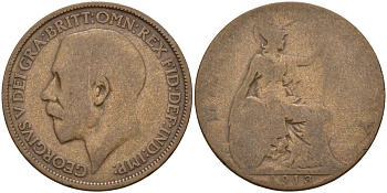 Великобритания 1/2 пенни 1913 Георг V (1910-1936) KM 809, Spink 4056 бронза 4143-646