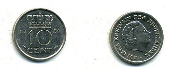 НИДЕРЛАНДЫ 10 ЦЕНТОВ 1958 ЮЛИАНА KM 182 никель 46-114