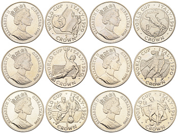 Гибралтар полный набор из 6 монет (1 крона) 1990 Чемпионат мира по футболу 1990 KM 33, 34, 35, 36, 37 и 38 медно-никель BU 1524-1525-1535