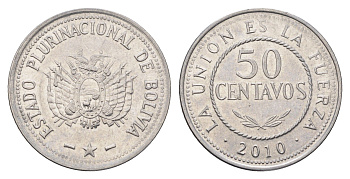 Боливия 50 сентаво 2010 KM 216 нержавеющая сталь 4663-741