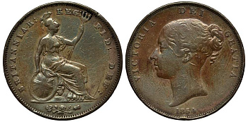 Великобритания 1 пенни 1854 Виктория (1837-1901) KM 739, Spink 3948 медь 1518-1624