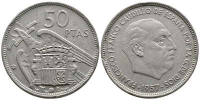 Испания 50 песет 1957 (71) Франциско Франко (1939-1975) KM 788 медно-никель 81-325